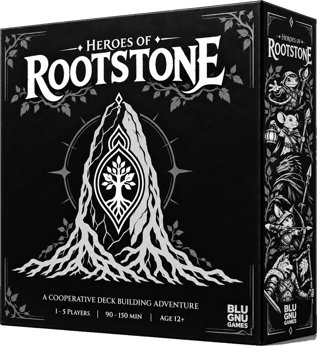 The Heroes of Rootstone box: a black cover with a white rootstone and tree crest